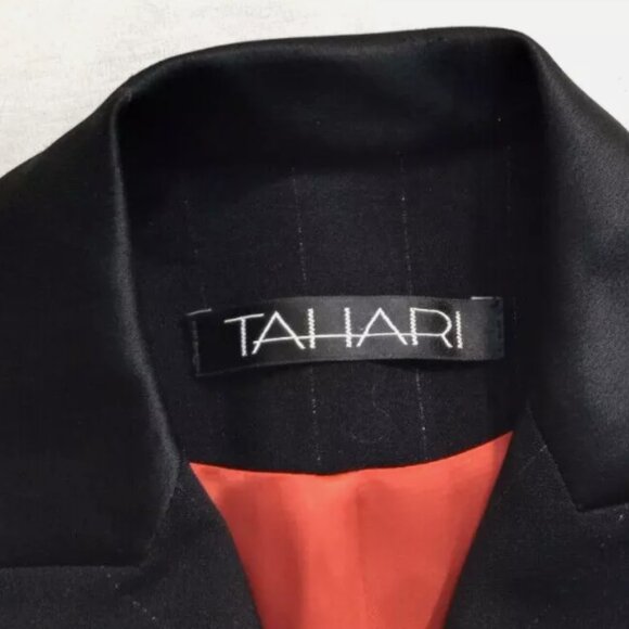 Tahari Tuxedo Style Blazer Sz 2 Black Pinstripe 4 Button Red Satin Lined - Picture 3 of 13